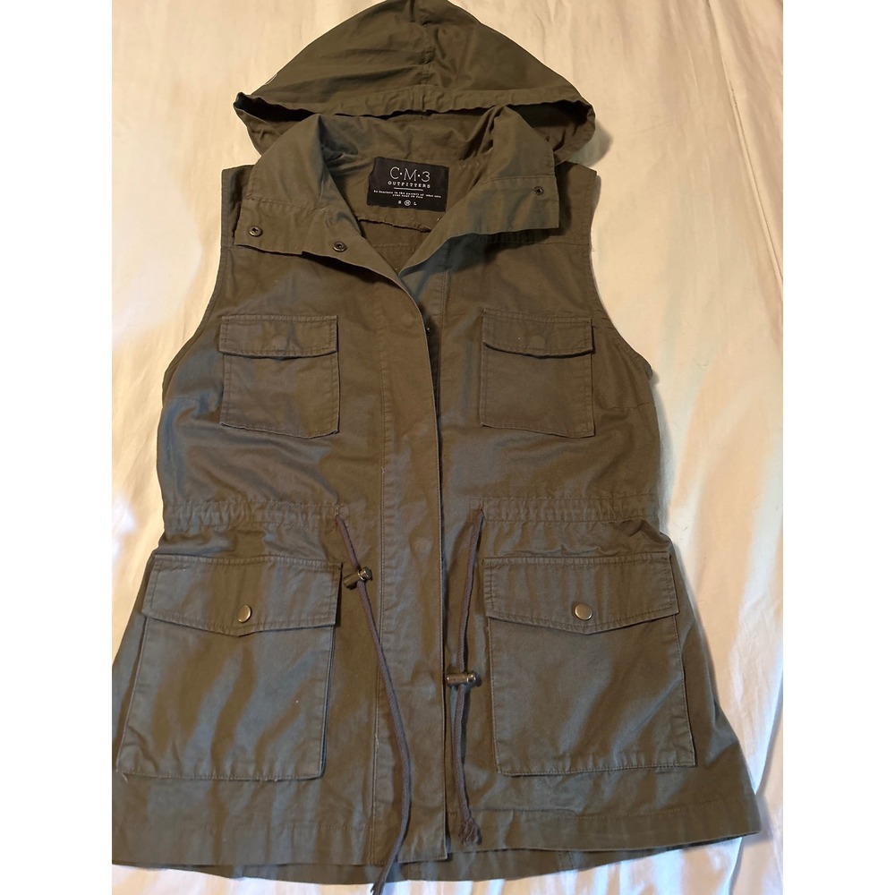 CM3 Outfitters Olive Green Utility Vest‎ Women's Hooded Drawstring Size  S/M